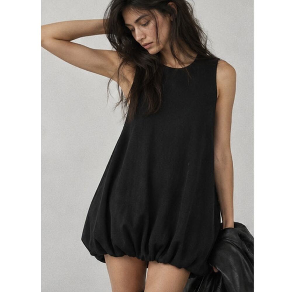 COS Black Cotton Blend Bubble-Hem Sleeveless Mini Tunic Dress Size L
